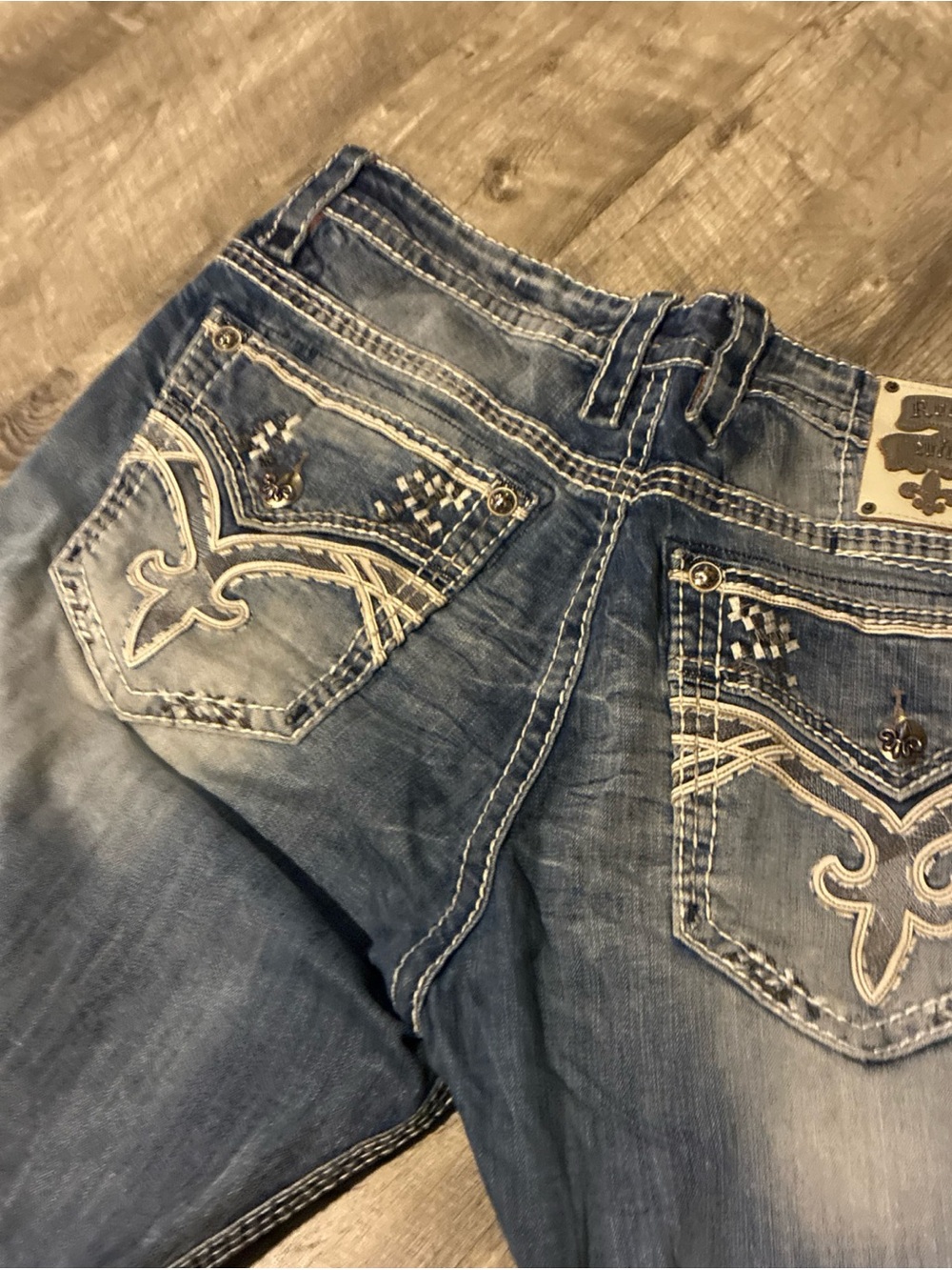 Vintage Rock Revival Jeans Men’s Blue Cotton Straight Distressed Flap SZ 42 - Picture 15 of 16